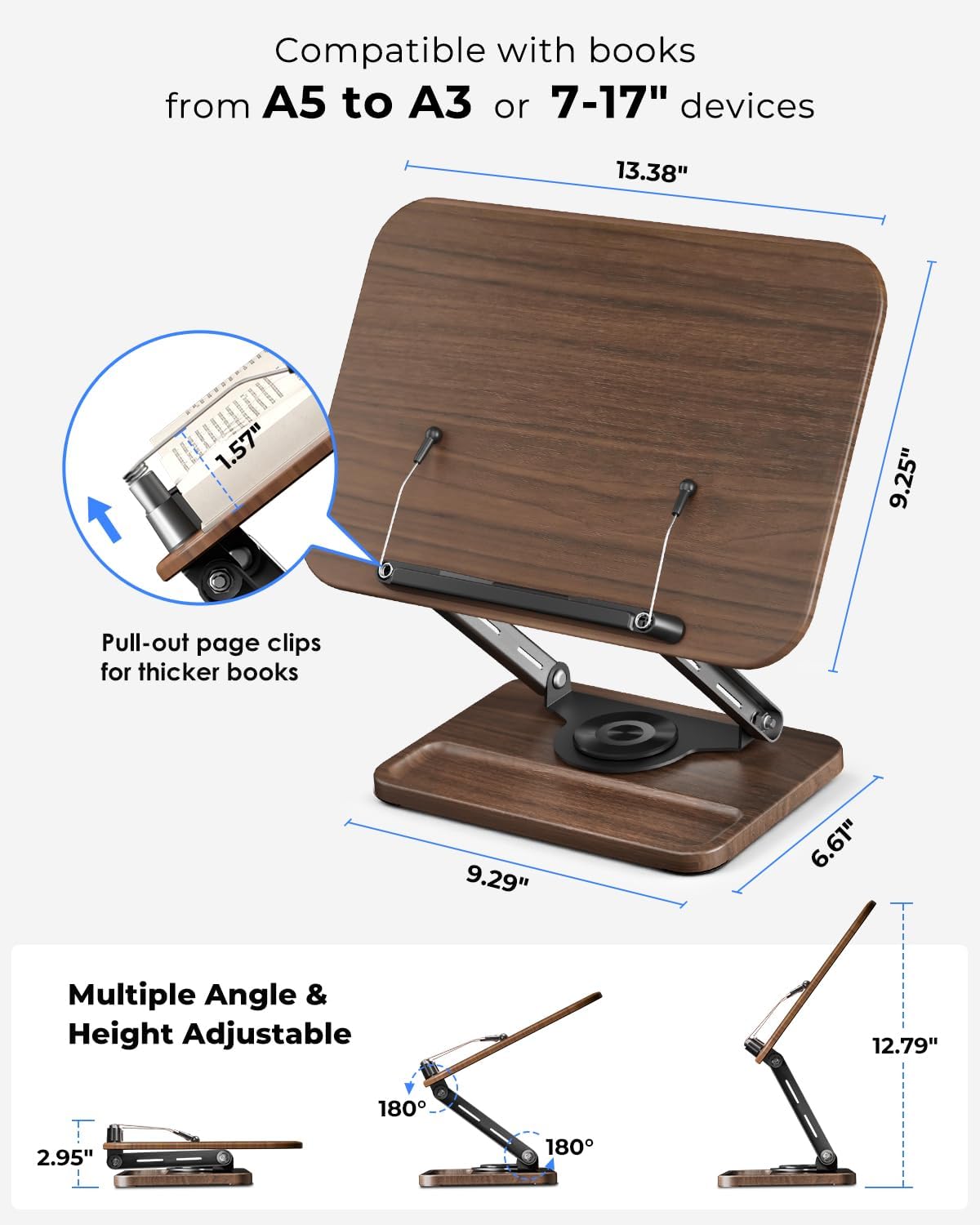 Viozon Book Stand for Reading, Book Holder 360° Rotating Base with Pen Slot, Foldable Reading Display Stand with