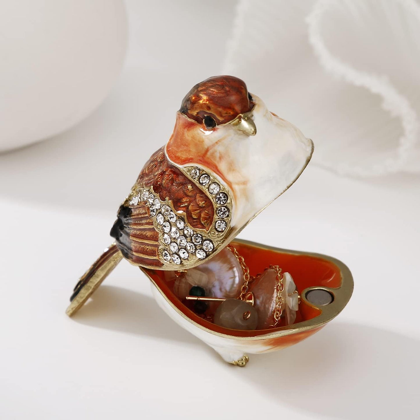 Unique Figurine / Hinged Jewelry Organizer for Ring Earrings / Gold Finch