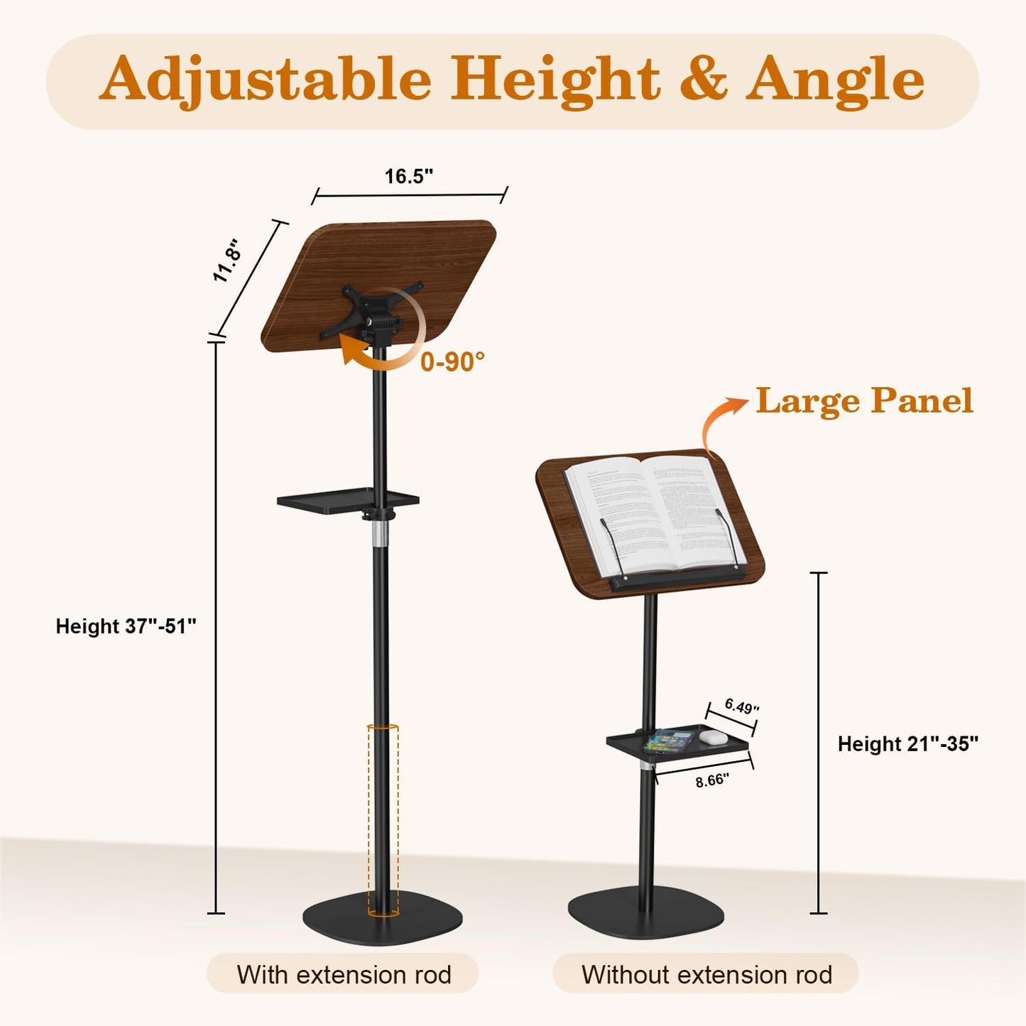 Snughome Floor Book Stand with Removable Tray, Wood Standing Book Stand for Reading, Height Adjustment 21"-51", Music
