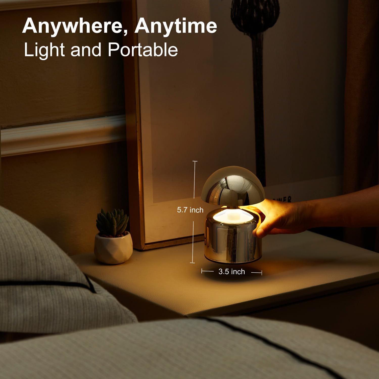 SAIWEYA Modern Cordless Mushroom Small Table Lamp, Dimmable Touch Battery | 3-Way Dimmable, Mini Rechargeable LED Desk