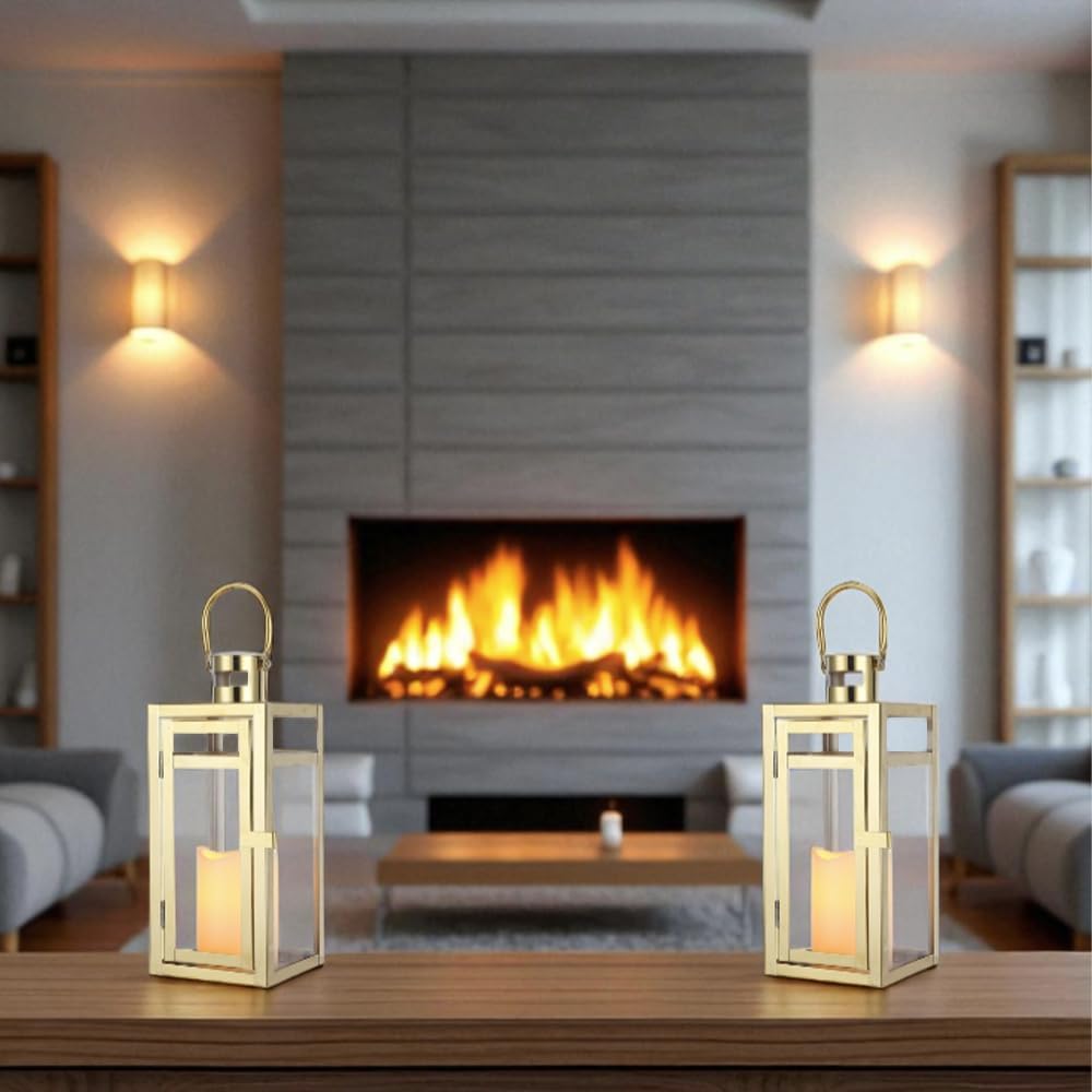 TRIROCKS Set of 2 Stainless Steel Decorative Lantern 12'' High Metal Candle Holder Outdoor Candle Lantern with Tempered