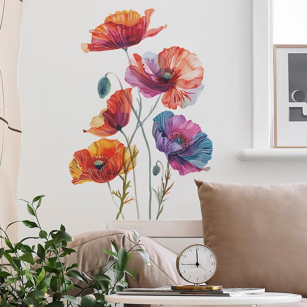 Poppy Flowers Wall Art Decals Boho Watercolor Floral Wall Stickers