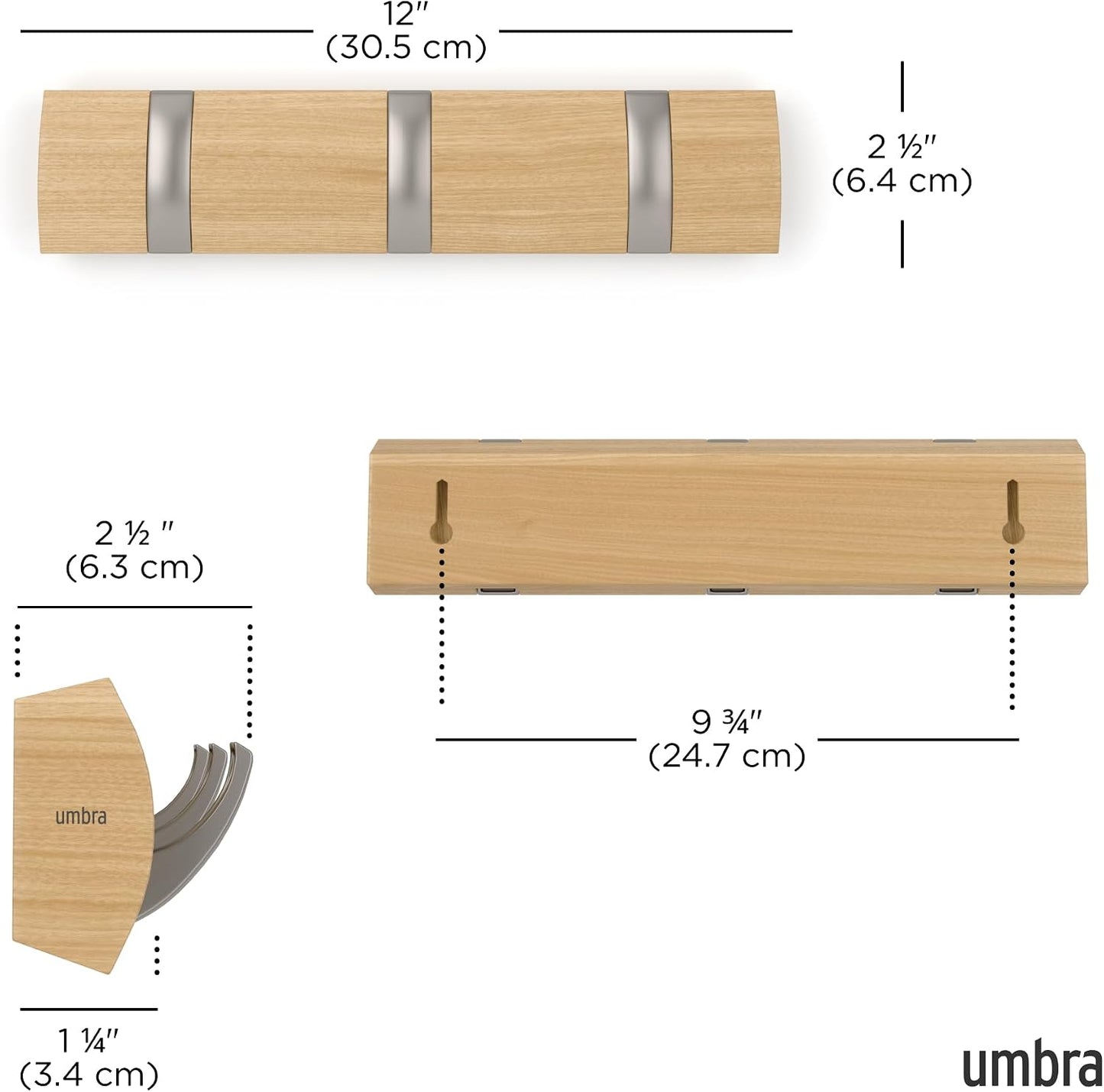 Umbra Flip Coat Rack, Wall Mount Retractable Hooks, 3-Hook, Natural/Nickel | Real wood and steel build, folds flat when