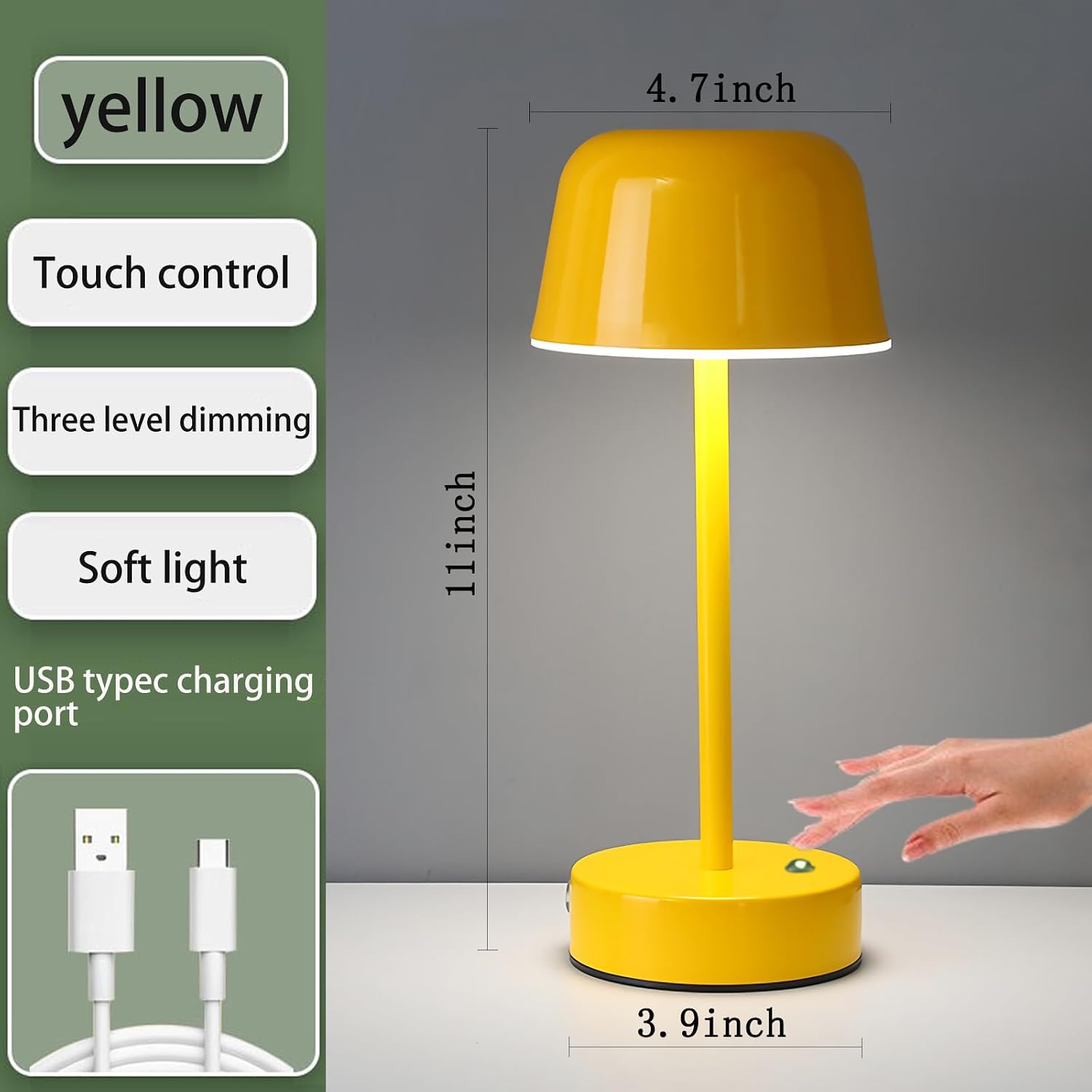 Rechargeable Table Lamp, Yellow Mushroom Table Lamp with USB Port, Battery Operated Touch Small Lamp for Nightstand