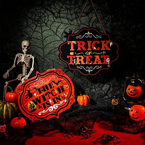 Blulu 2 Pcs Halloween Wood Door Decorations, Trick or Treat Hanging Signs