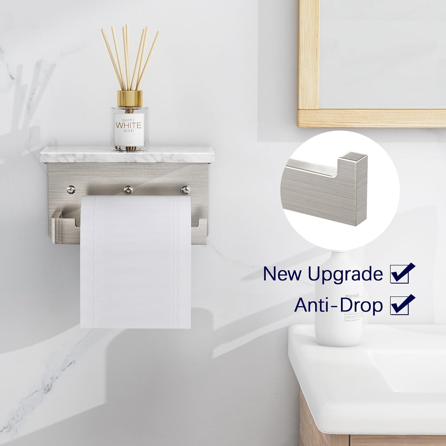 Gypie Toilet Paper Holder with Marble Shelf, Wall Mounted Brushed Nickel | Toilet Roll Holder for Bathroom Washroom
