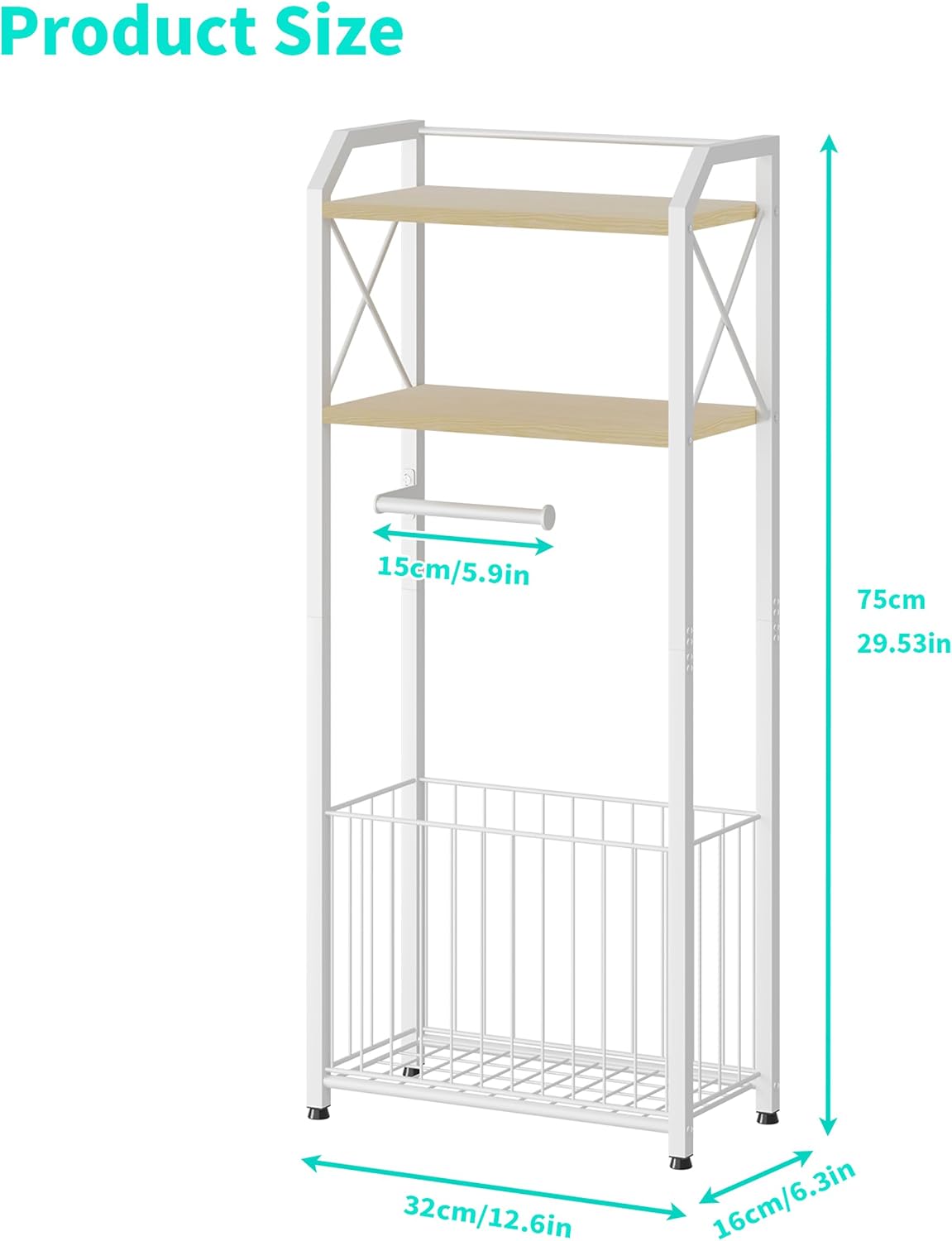 HapiRm Freestanding Toilet Paper Holder - 4-Tier Bathroom Tissue Organizer with Wood Shelves and Large Basket, Toilet