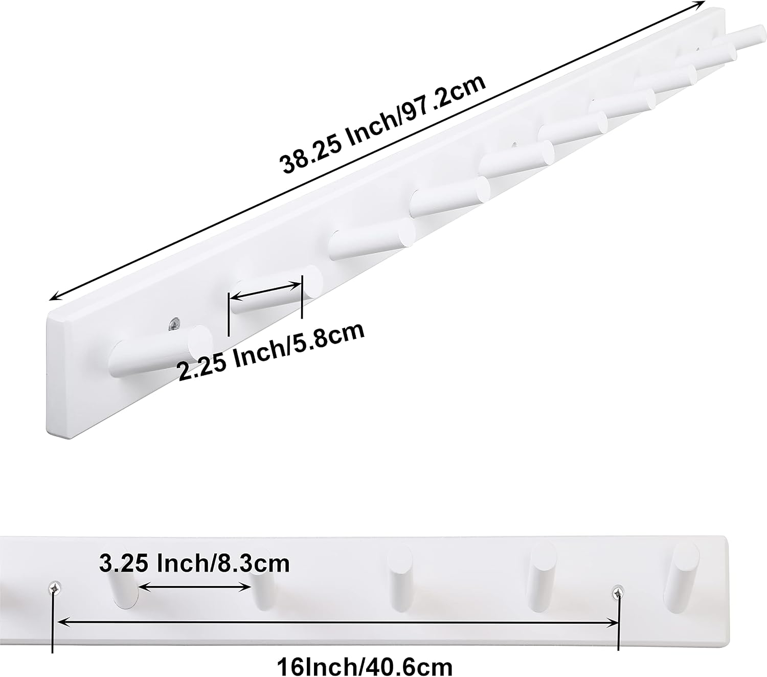 SKOLOO Wall Mounted Coat Rack 38", 10 Hooks, Bamboo, Shaker Style, White | Wood wall hooks, painted finish, 100-lb cap