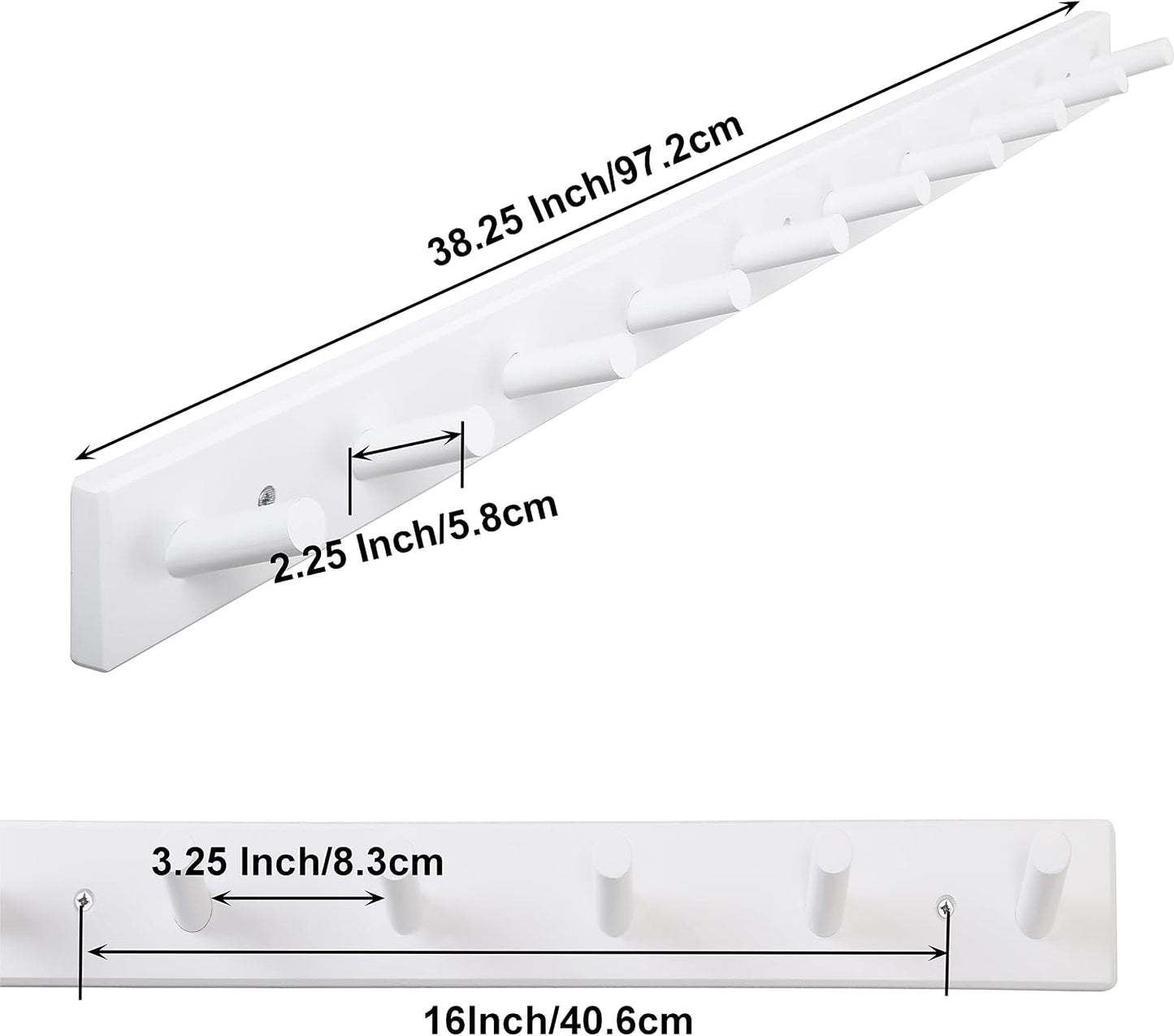 SKOLOO Wall Mounted Coat Rack 38", 10 Hooks, Bamboo, Shaker Style, White | Wood wall hooks, painted finish, 100-lb cap