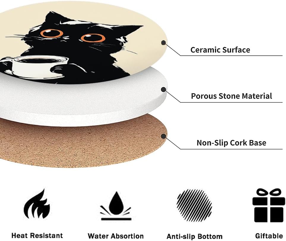 Holder / Coaster for Drinks / Cute Black Cat Design / Round / Set of 6