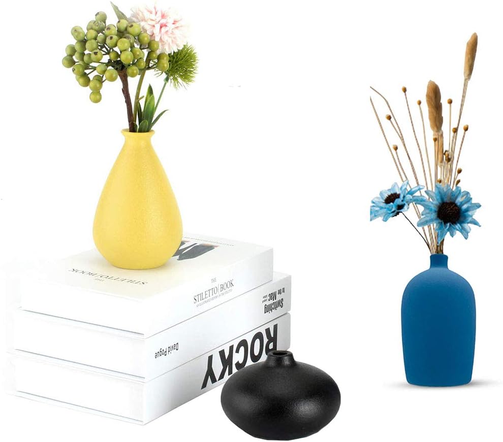 Small Ceramic Flower Vases / Dark Green-yellow-blue-black / Set of 4