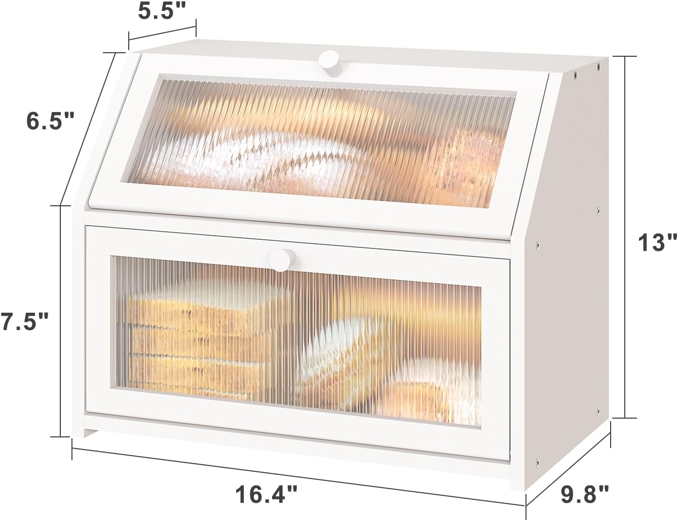 White Bread Box for Kitchen Counter, Large Bamboo Wood Double Layer Bread Box, Wooden Bread Storage Capacity