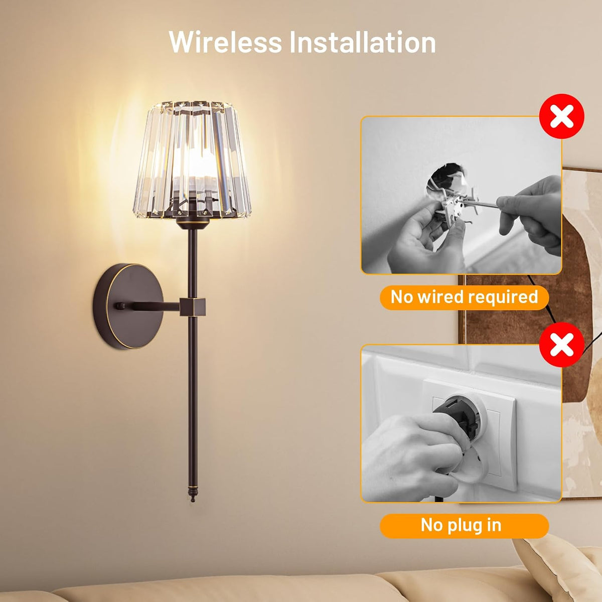 Crystal Battery Operated Wall Sconces Set of 2, Brown and Gold Rechargeable Wireless Wall Lights with Crystal
