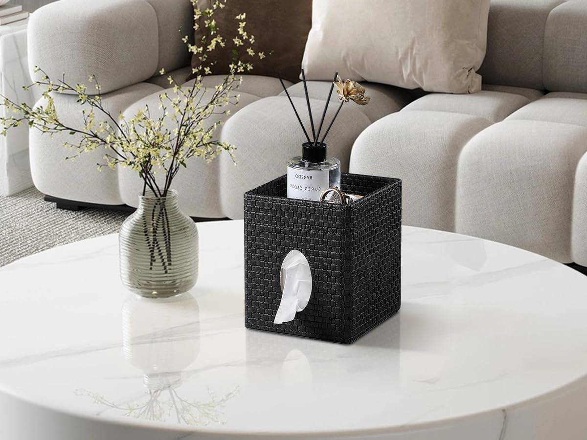 Storage Tray / Square Tissue Box Cover / Black Woven Pattern