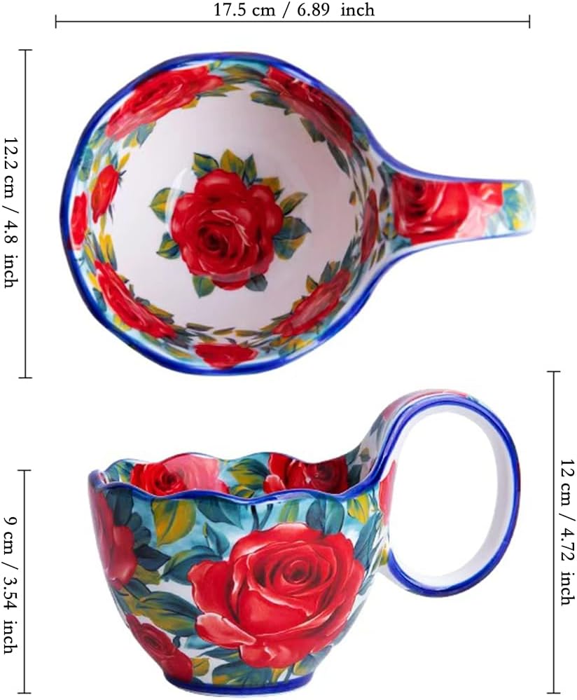 Ceramic Soup Bowl / Rose Flowers - Hand Painted Loop Handle Soup Bowl with Spoon