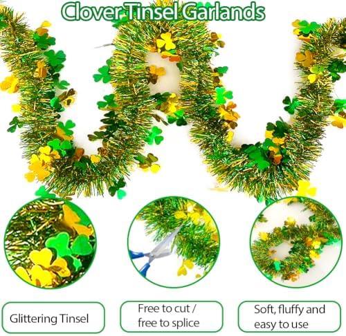 66 Ft St.Patrick's Day Tinsel Garland Decorations Shiny Thick Green Hat and Gold Shamrock Design St Patricks Day Clover Hanging Decor Garland for Irish Holiday Party Parade Floats Ornaments