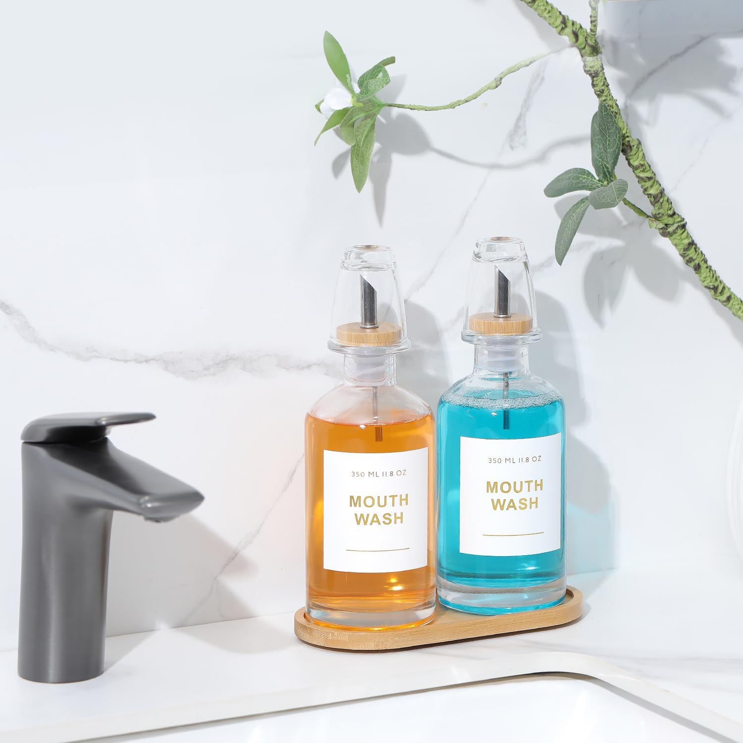 11.8OZ Glass Mouthwash Dispenser, Set of 2, Clear | Stainless Steel & Bamboo Nozzle, Reusable Mouthwash Cup, Bamboo