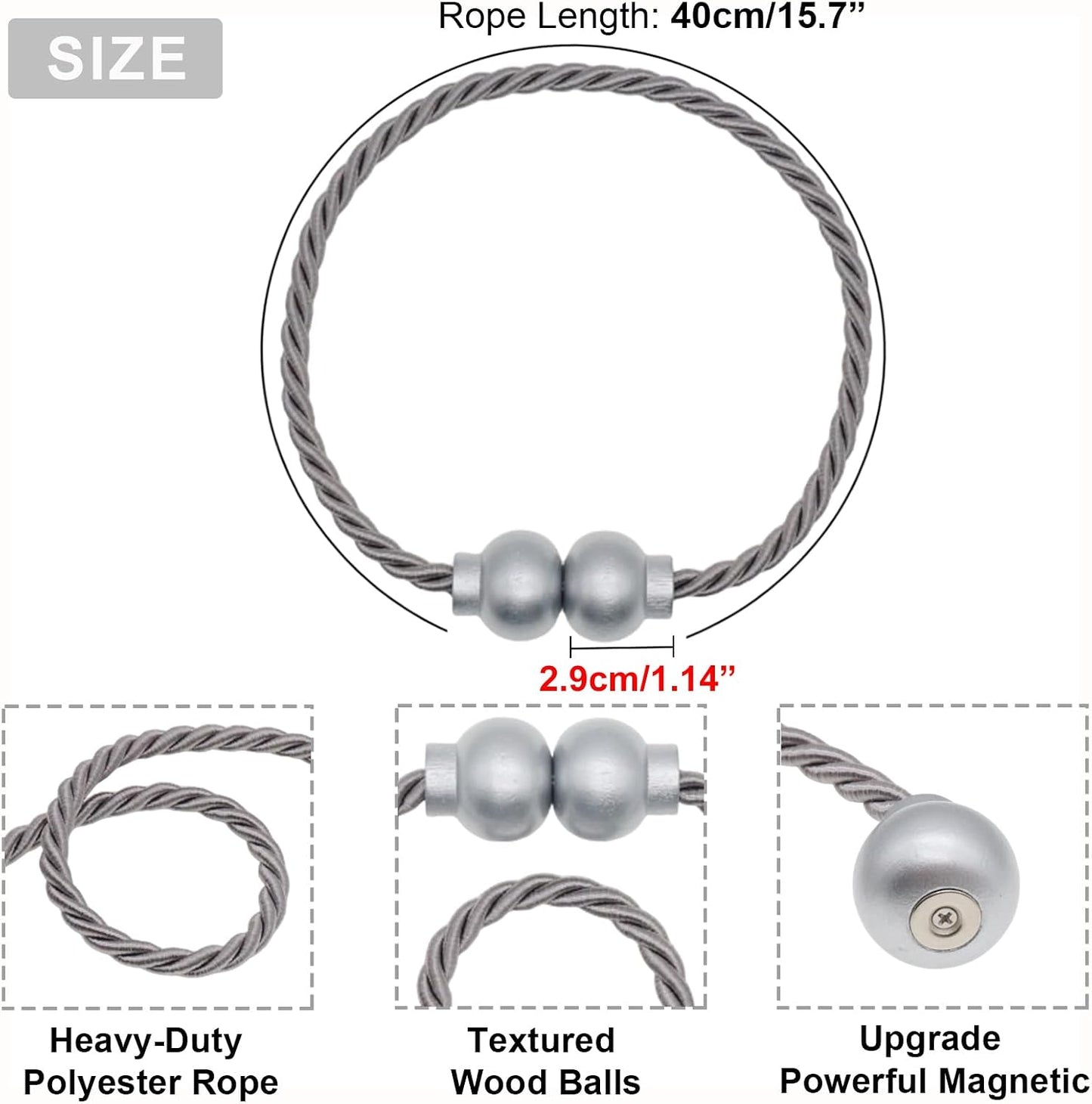 6Pcs Magnetic Curtain Tiebacks Modern Handmade Rope Curtain Tie Backs Grey | Decorative Drapes Weave Holdbacks for Home