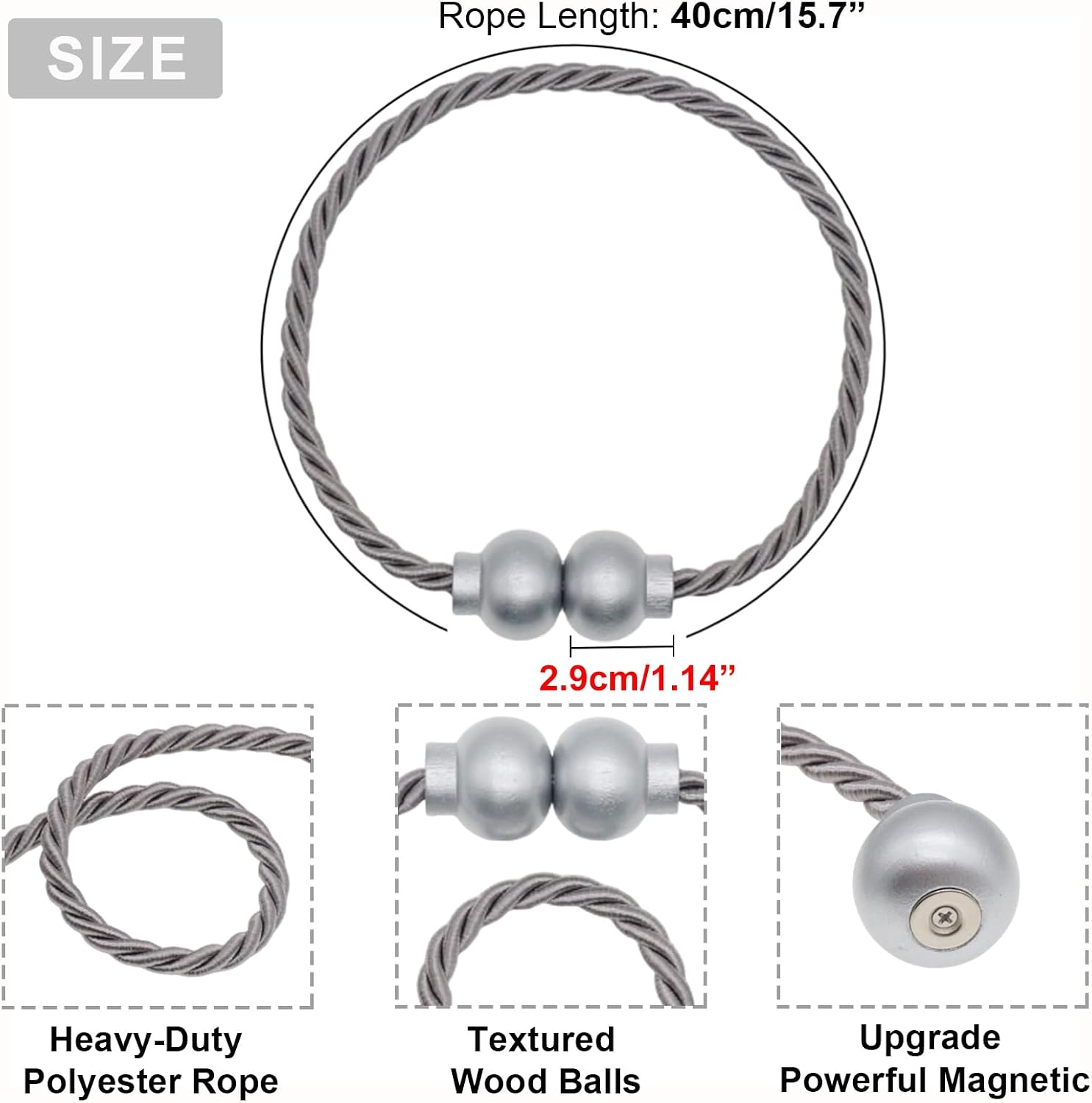 6Pcs Magnetic Curtain Tiebacks Modern Handmade Rope Curtain Tie Backs Grey | Decorative Drapes Weave Holdbacks for Home