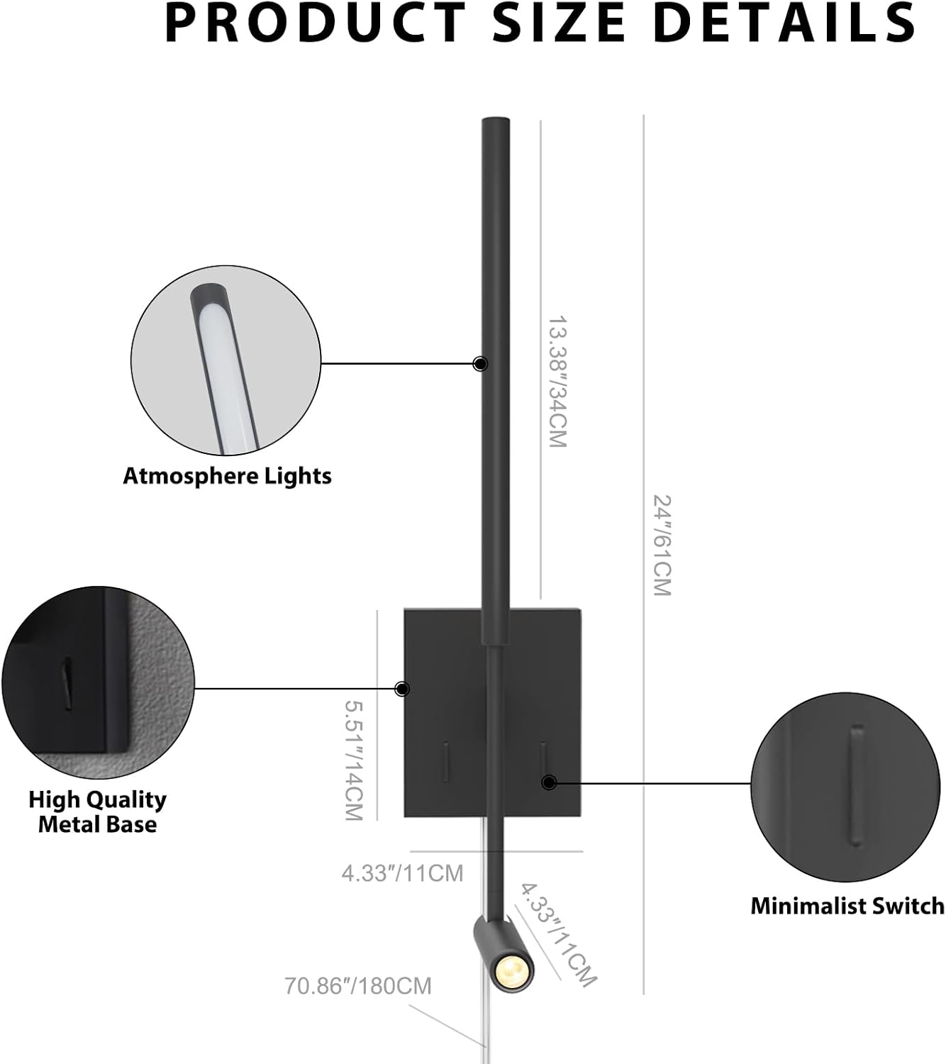 ZEROUNO Modern Plug in Wall Sconce Indoor Wall Light, Minimalist LED Line Wall Lamp with Switch, Adjustable Matte Black