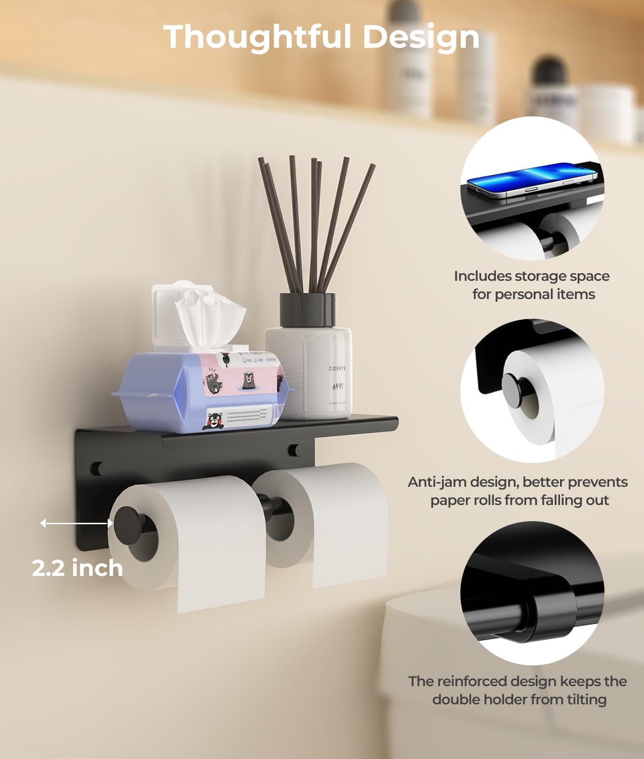 Double Toilet Paper Holder with Shelf, Wall Mount Tissue Roll Holder for Bathroom, 304 Stainless Steel Commercial