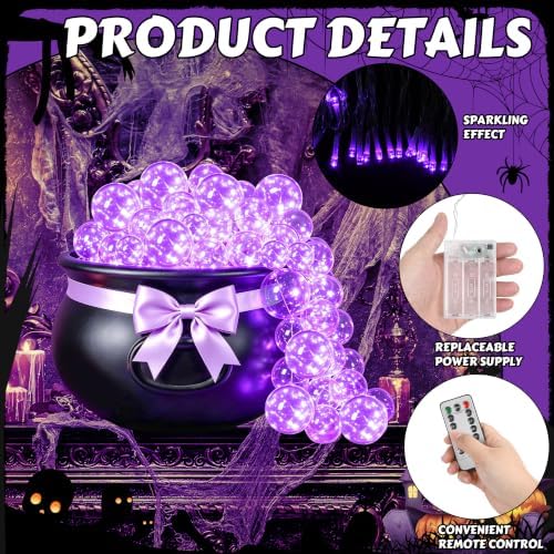 Halloween Witches Cauldron Decorations, DIY Bubbling Large Cauldron Bowl Set with Clear Plastic Balls, Purple String Light and Purple Ribbon for Halloween Hocus Pocus Party Indoor Outdoor Decor