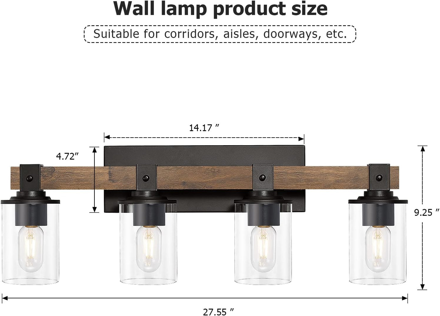 DUJAHMLAND Farmhouse Vanity Light Fixture, Industrial 4-Light Wood Wall Sconce Bathroom Vanity Lighting with Clear