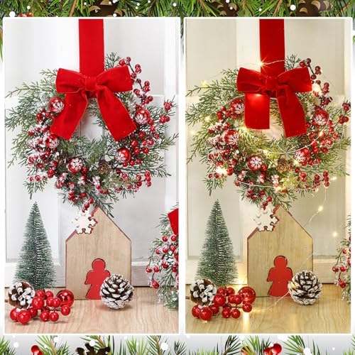 Thiccywoov 2 Pcs 9'' Small Christmas Cabinet Wreath with Light, Velvet Bow