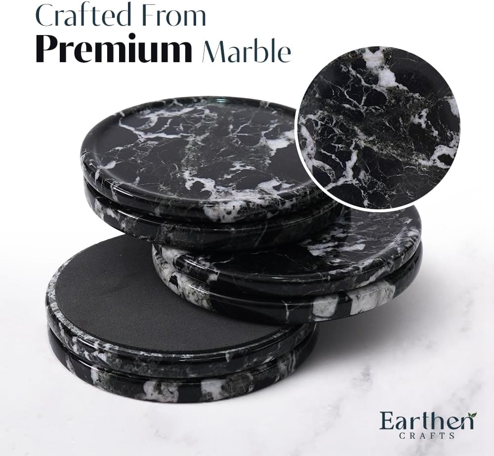 3.5" Round Black Coaster for Drinks Handmade Natural Stone Drink Coaster / Black Zebra / Set of 6