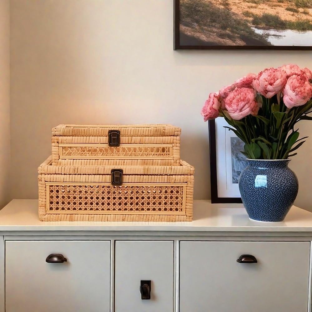Wooden frame / Extra Large Rattan Decorative Box / Set of 2