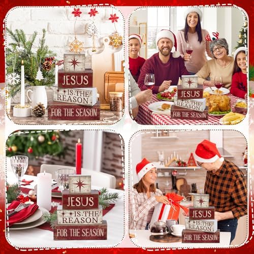 Lineshading 4 Pcs Christmas Farmhouse Wooden Block Signs Jesus Tiered Tray