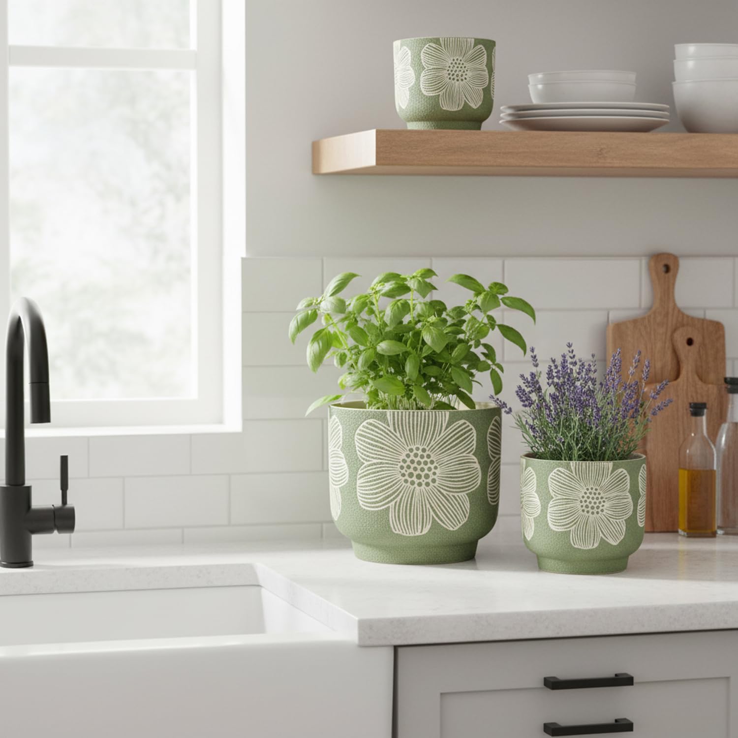 Sand Glazed Ceramic Planter / 8+6 Inch / Modern Green Floral / 8 Inch