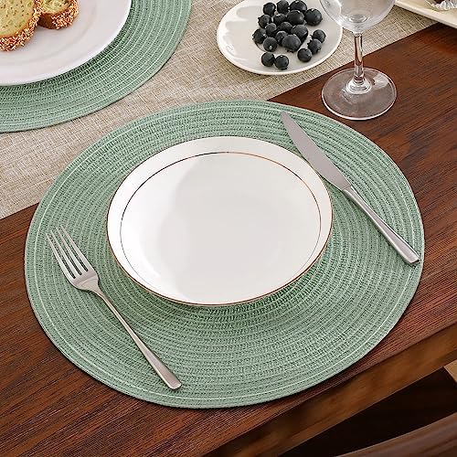 SHACOS Round Placemats Set of 4 Woven Braided Table Placemats 15 inch Cotton Polyester Place Mats Washable Table Mats Indoor Outdoor, Sage Green