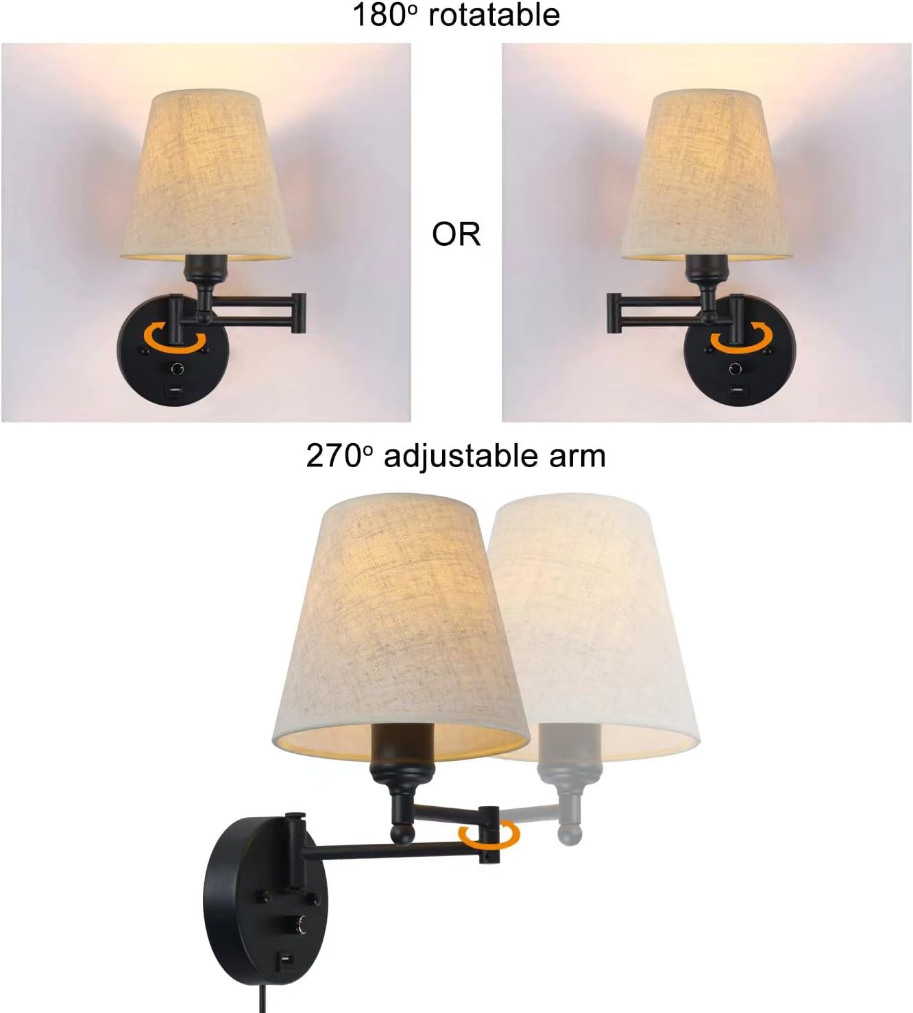 Bedside Wall Mount Light with Dimmable Switch and USB Port, Black Wall Sconce Light with Swing Arm and Plug in Cord