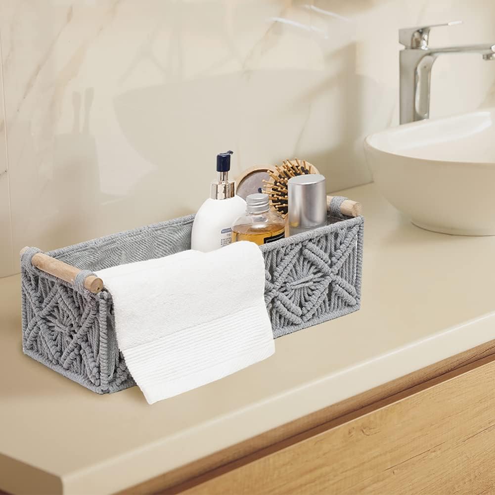 Macrame Storage Basket Boho Decor Baskets for Organizing Woven Decorative for Countertop / Grey