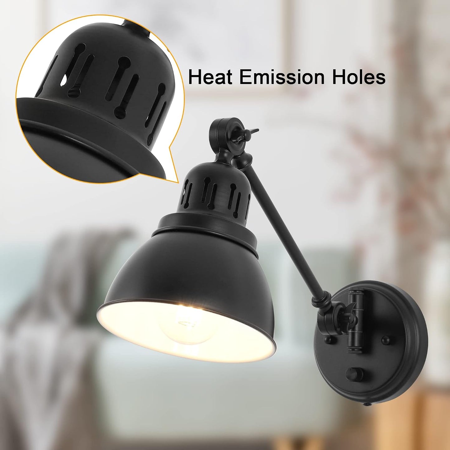 GOODATE Plug in Wall Sconces, Wall Sconce Lighting with Dimmable On Off Switch, Swing Arm Wall Lamp, Black Metal
