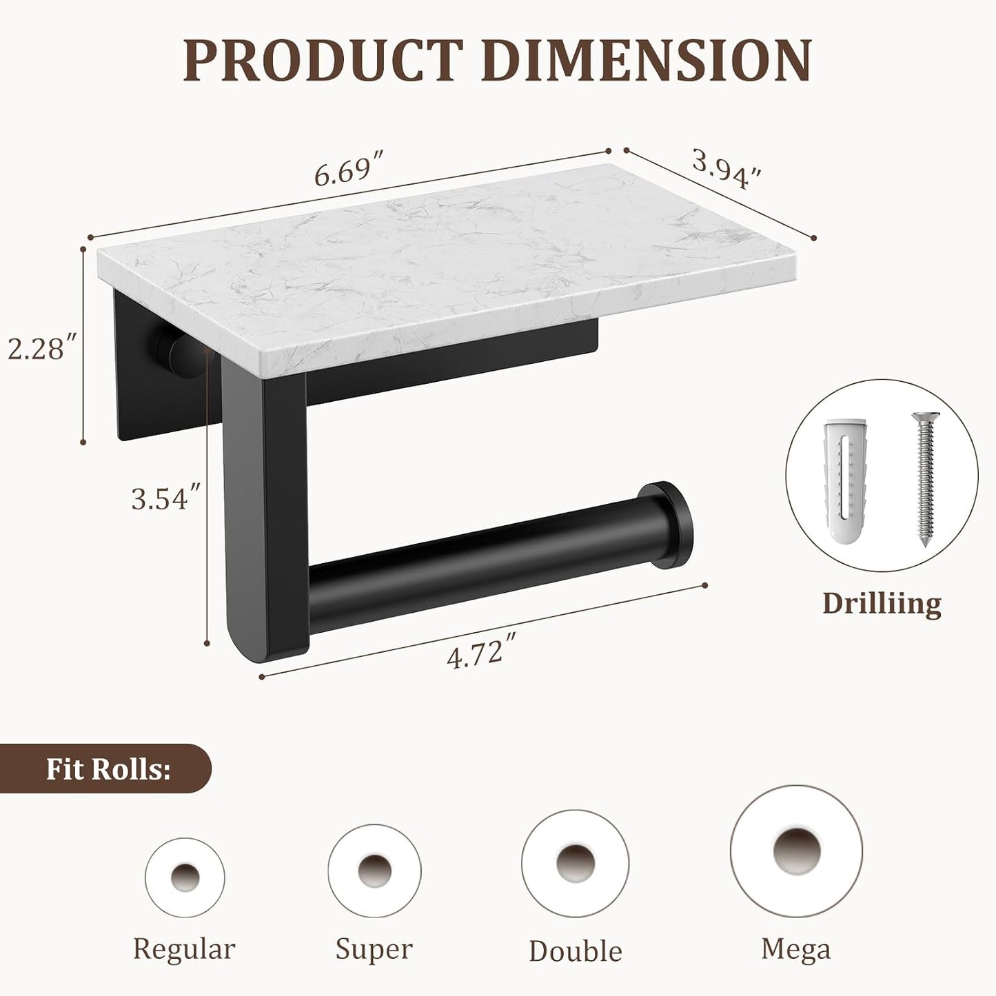 BWE Matte Black Toilet Paper Holder with Marble Shelf Wall Mounted | Toilet Paper Roll Holder with Phone Shelf 304