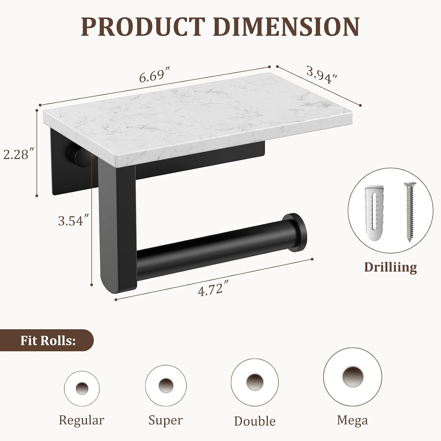 BWE Matte Black Toilet Paper Holder with Marble Shelf Wall Mounted | Toilet Paper Roll Holder with Phone Shelf 304