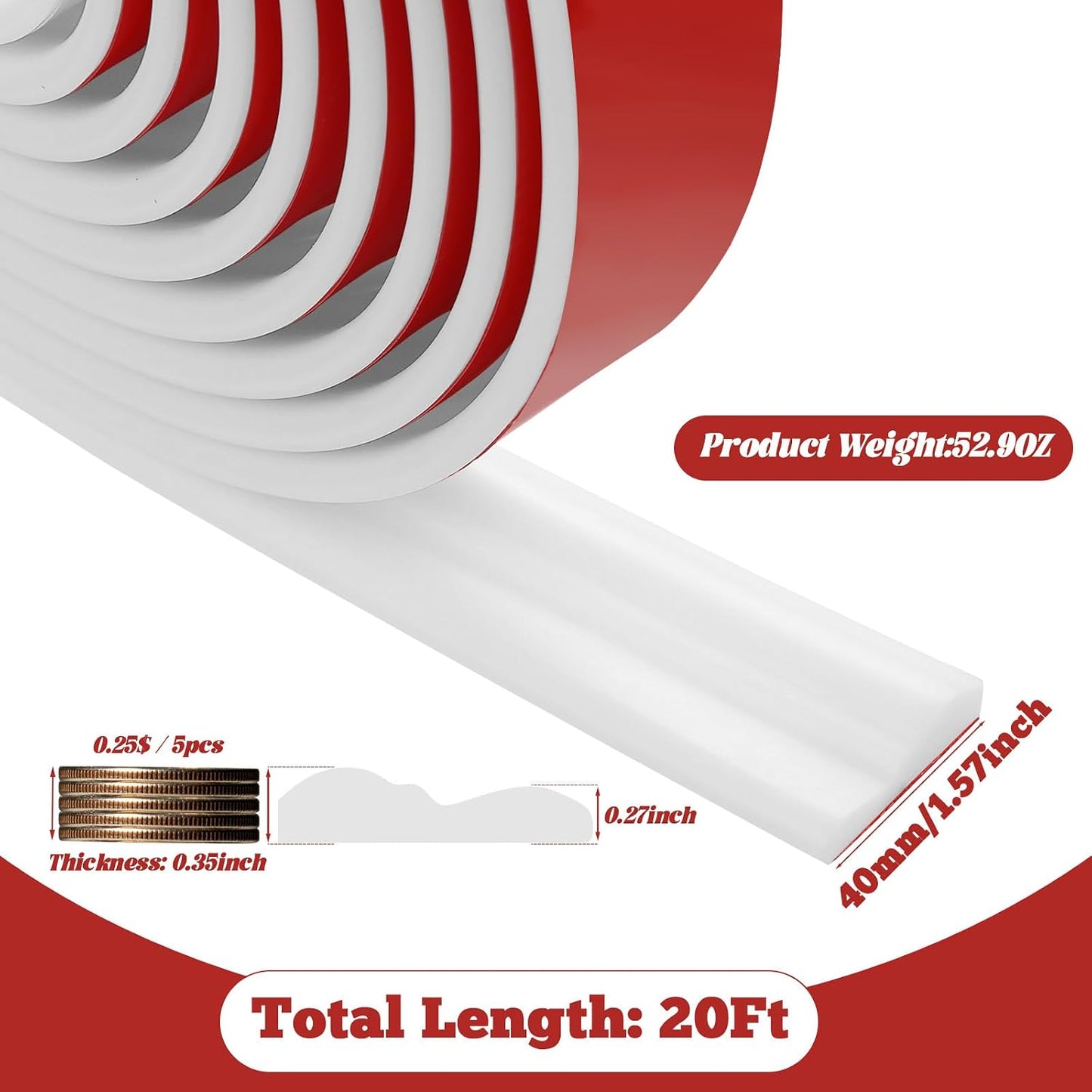 X 1.6'' Molding Trim Peel and Stick Chair Rail Moulding / White / 1.6inch / 20 ft