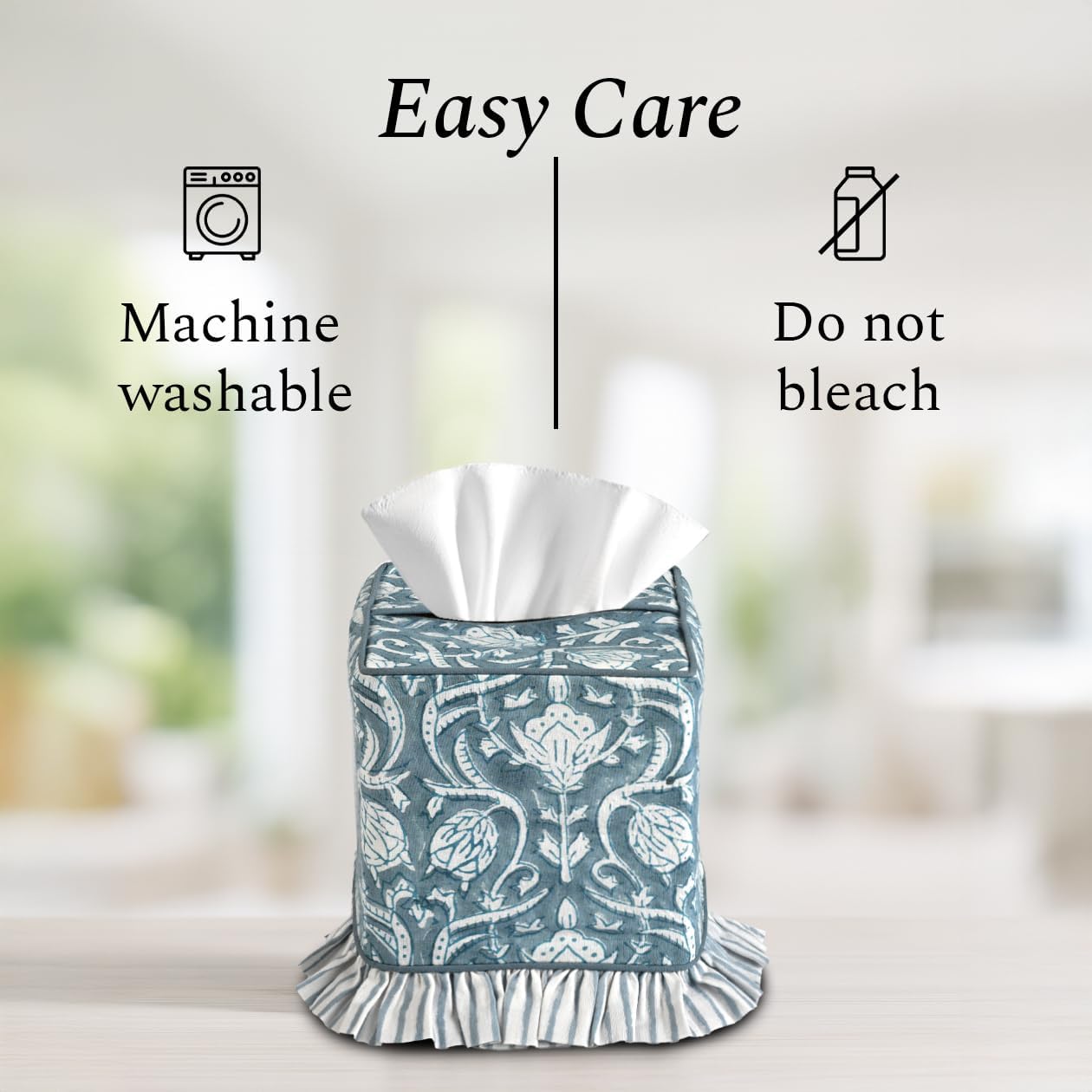 CPC Hand Block Print Cotton Ruffle Tissue Box Cover " Decorative / Azure Regal / 4.5 x 4.5 x 5