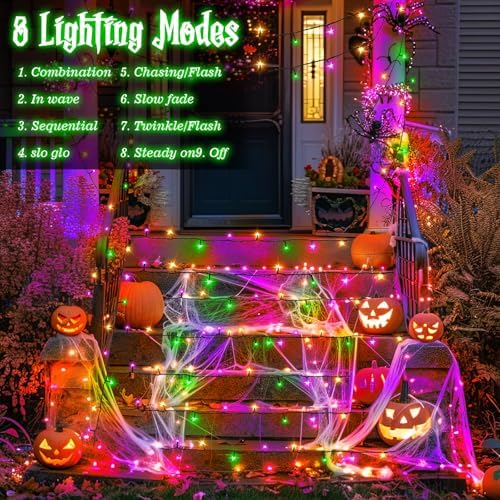 Halloween Lights String Total 100LED Battery Operated Outdoor 8 Modes with Timer 16.4Ft*2, 50LED*2 Waterproof Fairy Lights Indoor for Halloween Decor, Orange&Purple&Green, 2-Pack