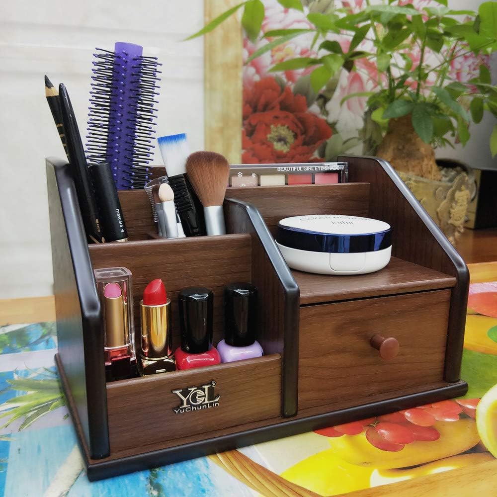 Wooden desk organizer with Drawer,Multifunctional Office & Home Storage Organizer as Large pencil holder makeup