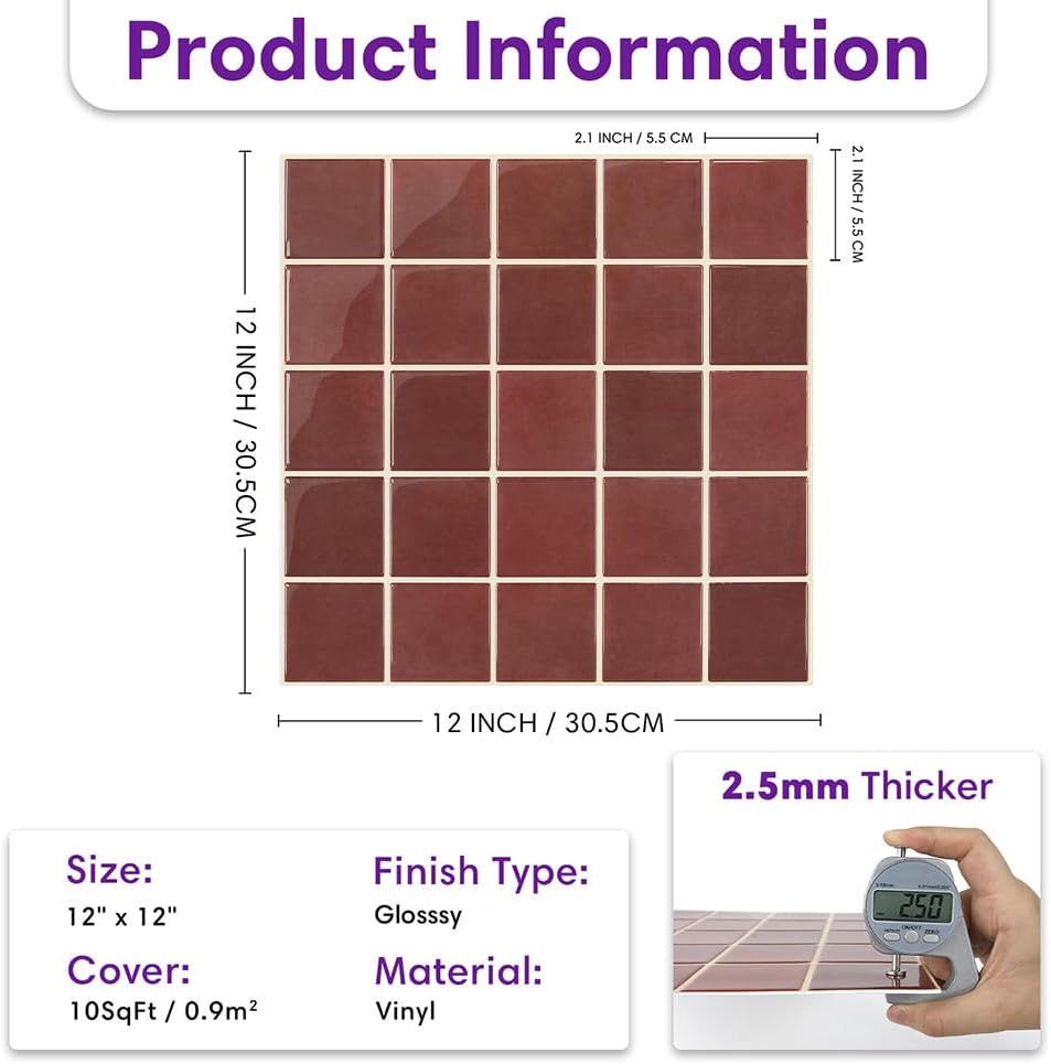 Thicker Dark Peel and Stick Backsplash Tiles- of "-3D Adhesive / ST-SM-A / Red / 12 x 12 / Set of 10