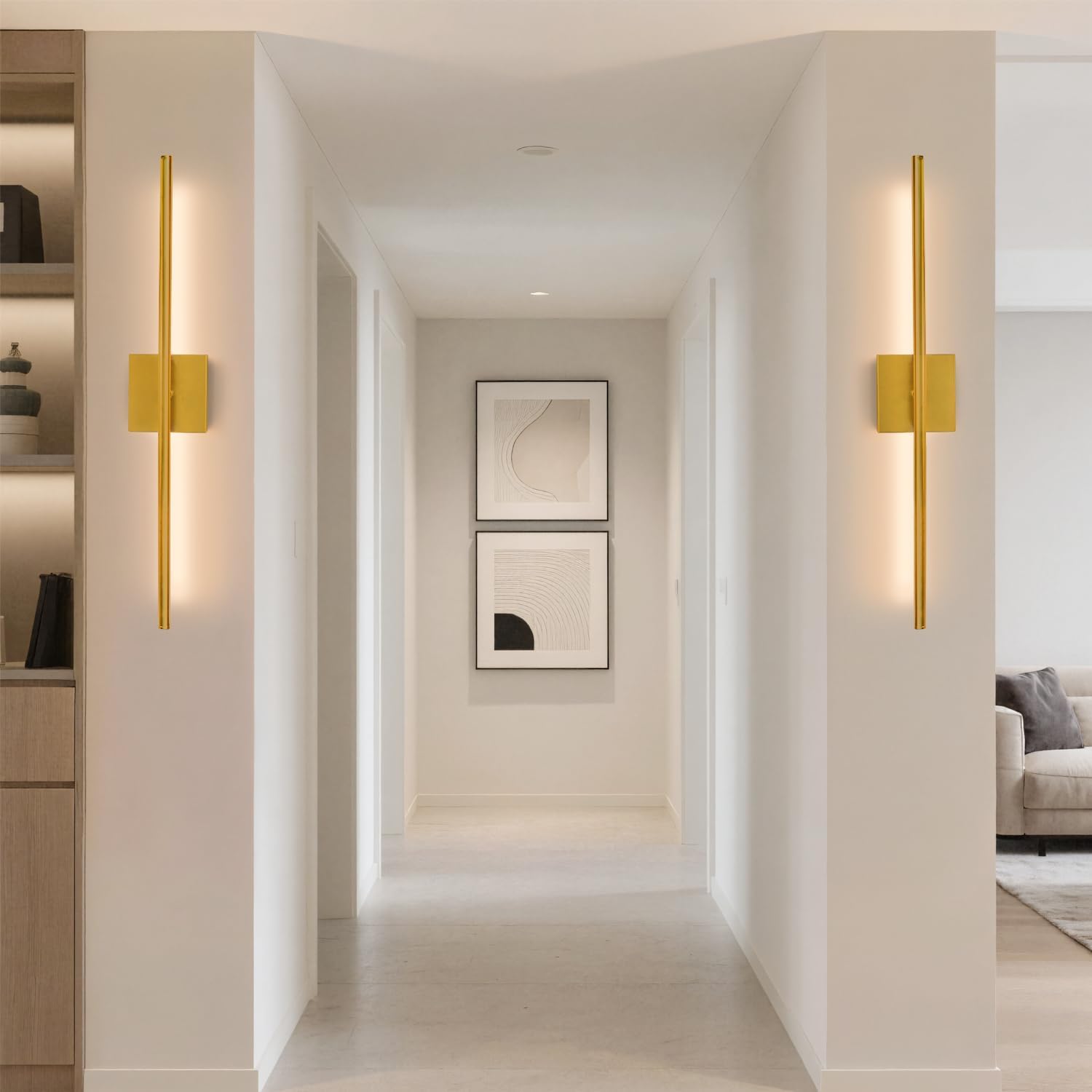 Rechargeable Wall Sconce Set of Two, Modern Wireless Brass Wall Sconces with Remote, 28.35Inch Dimmable Indoor Home