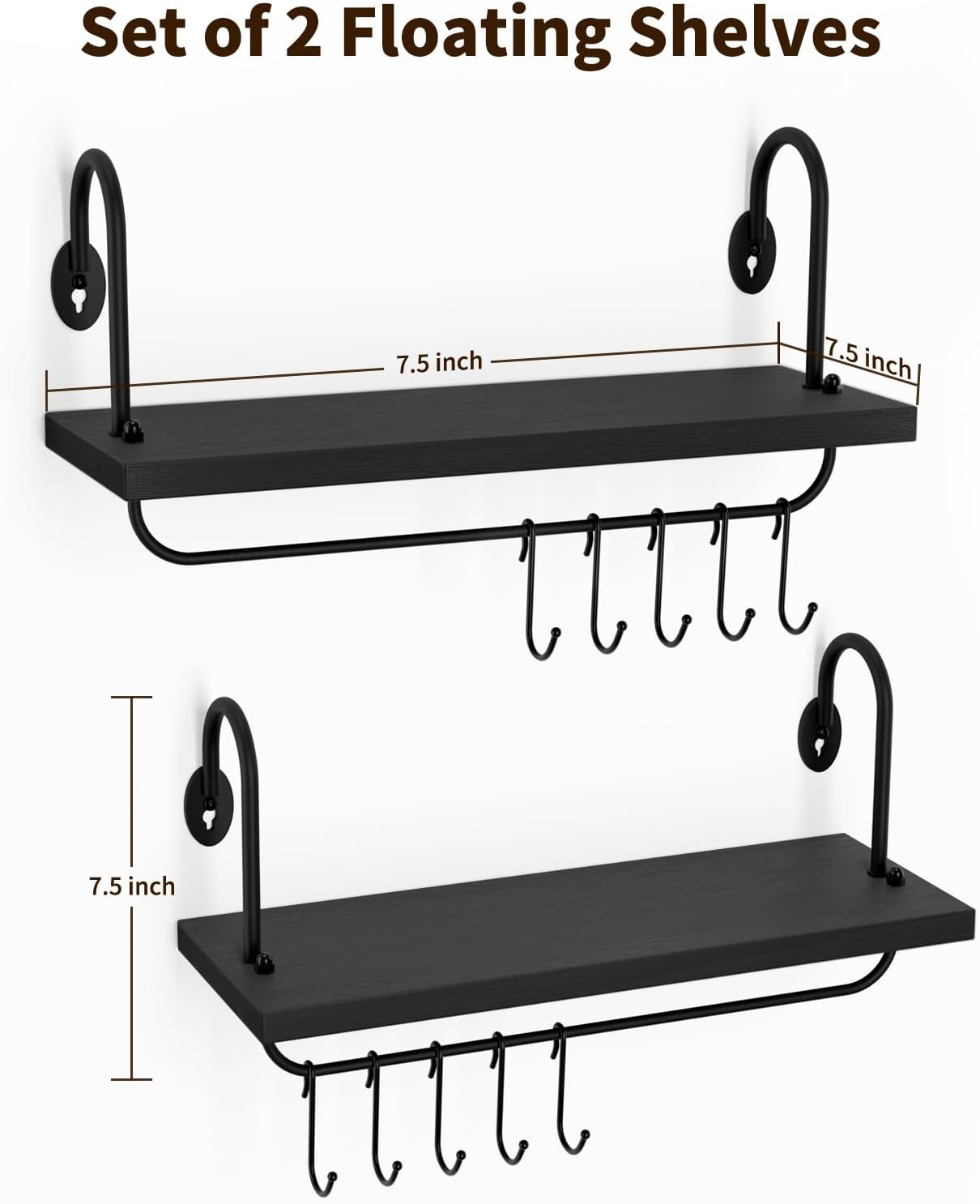 Olakee Floating Wall Shelves for Kitchen Bathroom Coffee Nook with 10 Adjustable Hooks for Mugs Cooking Utensils or