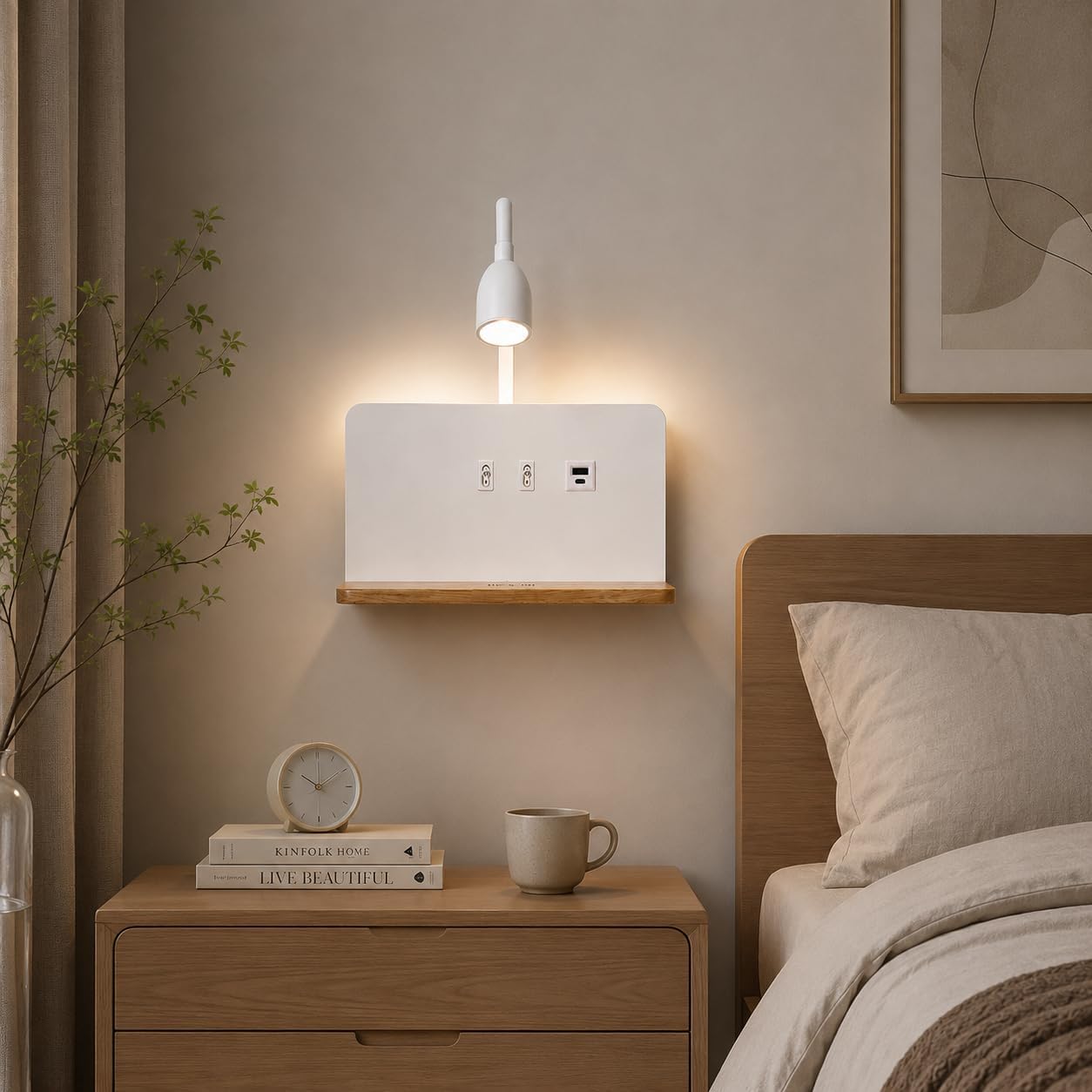 White Bedside Wall Sconce with Wireless Charging Station, USB-C & USB-A Ports, Plug in Wall Light with Shelf, Gooseneck