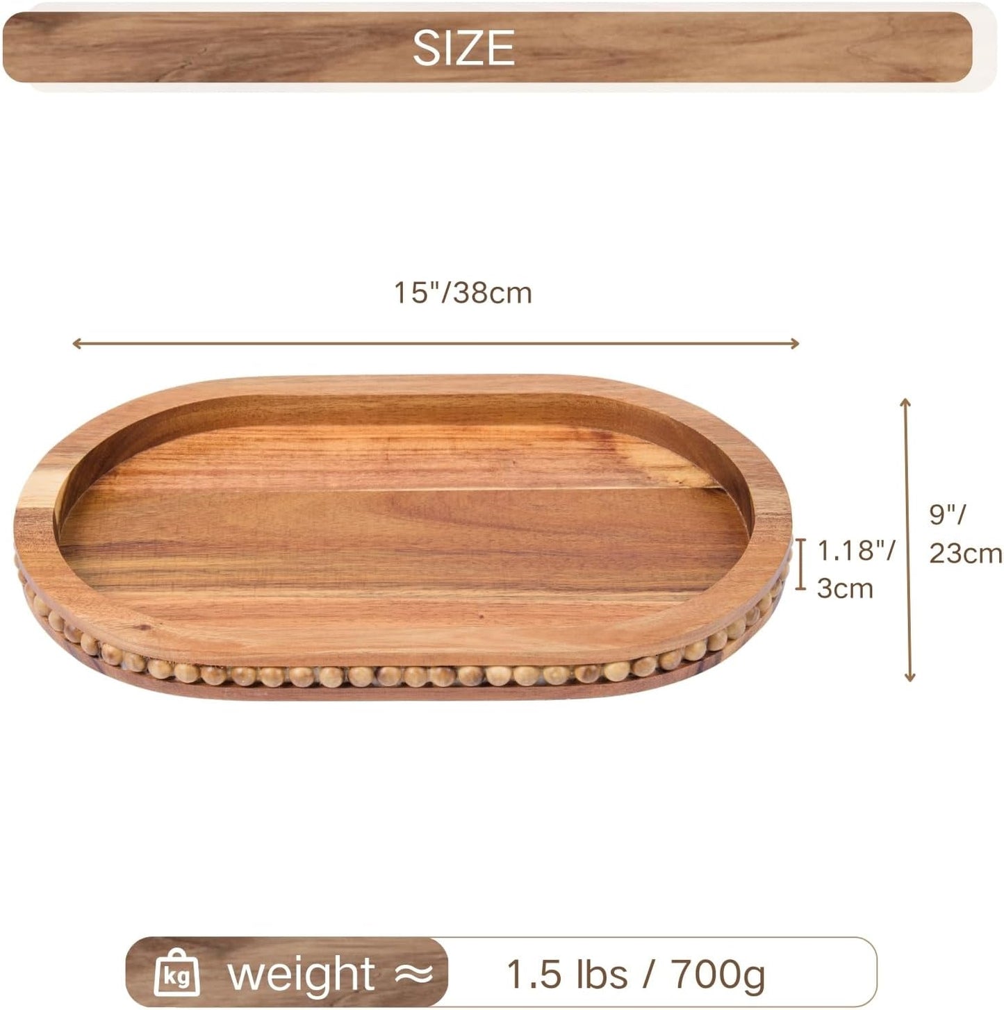 Bead Oval Wooden Serving Tray for Farmhouse Home Decor / Acacia Wood