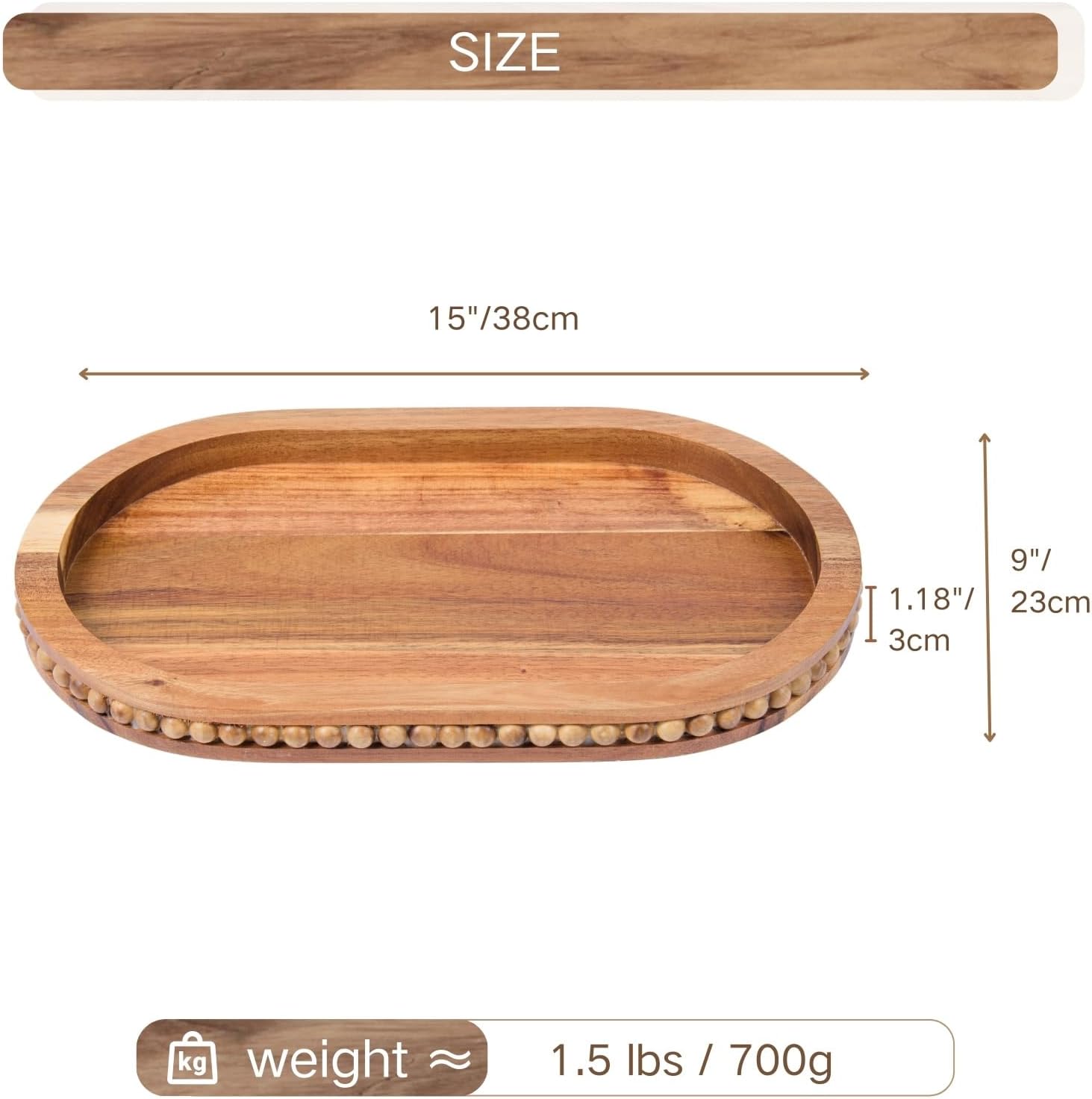 Bead Oval Wooden Serving Tray for Farmhouse Home Decor / Acacia Wood