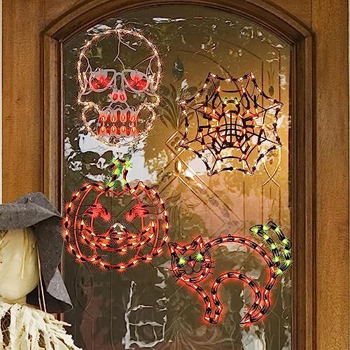 LAMPHOME Halloween Decorations - Window Silhouette Holiday Displays, Lighted Jack-O-Lantern, Cobweb, Skull, Cat for Party, Home, Indoor, Tabletop Ornaments (4-Pack)