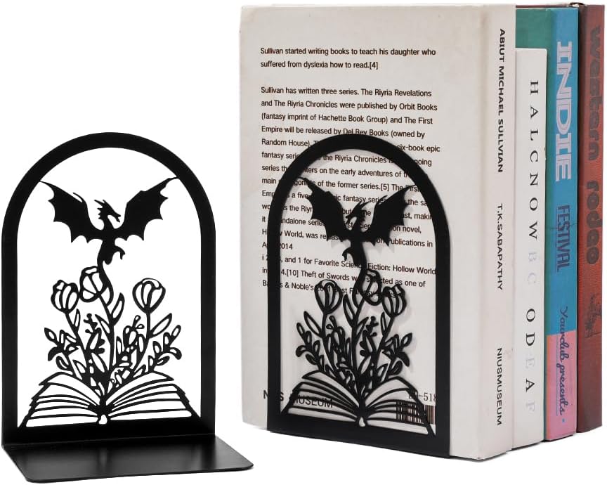 1 Pair Non Skid Metal Book Divider Decorative Holder / Dragon A